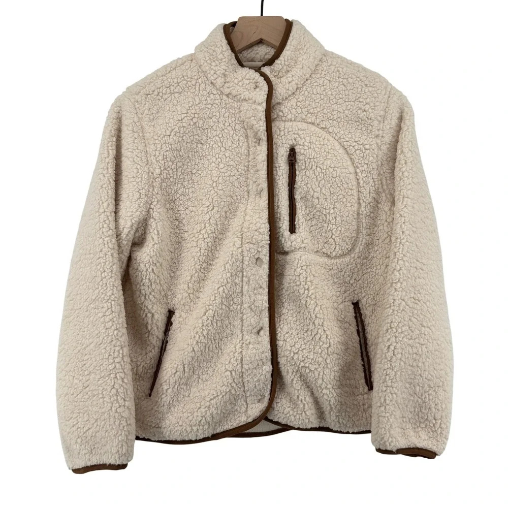 Universal Thread Sherpa Fleece Fur Jacket Cream Women XS‎ Brown Trim Snap Front